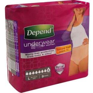 Depend, 9 шт., Впитывающее нижнее белье, 8 капель, размер L