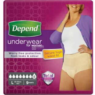 Depend, 9 шт., Впитывающее нижнее белье, 8 капель, размер L