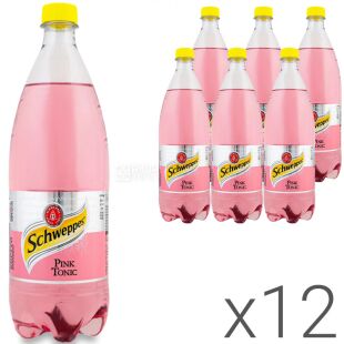 Schweppes Pink Tonic, Упаковка 12 шт. х 1 л, Напій сильногазований з фруктовим смаком Рожевий Тонік Швепс, ПЕТ