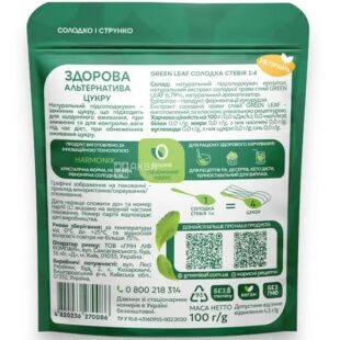 Green Leaf, 100 г, Грін Ліф, Солодка стевія 1:4 з натуральним підсолоджувачем, 0 ккал