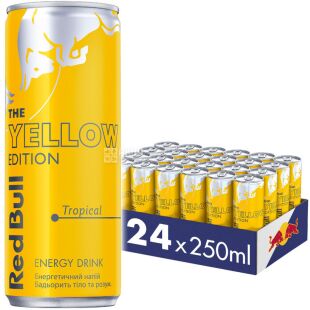Red Bull Yellow Edition, Упаковка 24 шт. по 0,25 л Напиток энергетический Ред Булл со вкусом тропических фруктов