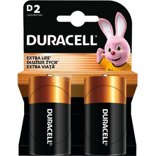 Duracell D, 2 шт., 1.5 V, Батарейки лужні LR20