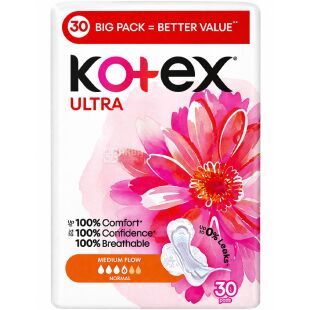 Kotex Ultra Normal, 30 шт., Прокладки гигиенические Котекс, 4 капли