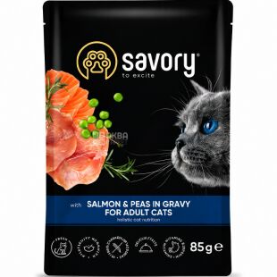 Savory, 85 г, Влажный корм для кошек Лосось с горошком в соусе, Сейвори