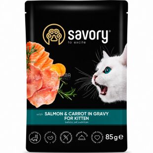 Savory, 85 г, Влажный корм для котят Лосось и морковь в соусе, Сейвори