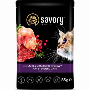 Savory, 85 г, Влажный корм для стерилизованных кошек Ягненок с клюквой в соусе, Сейвори