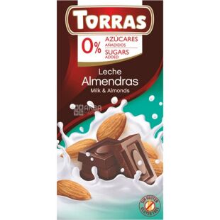 Torras Leche Almendras, 75 г, Торрас, Молочный шоколад с миндалем, без сахара