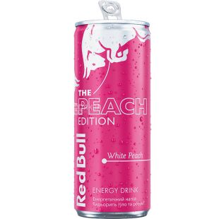 Red Bull The peach edition, 250 мл, Напиток энергетический газированный со вкусом белого персика, Ред Булл, ж/б