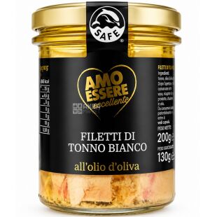 Amo Essere, 200 г, Филе белого тунца в оливковом масле, стекло