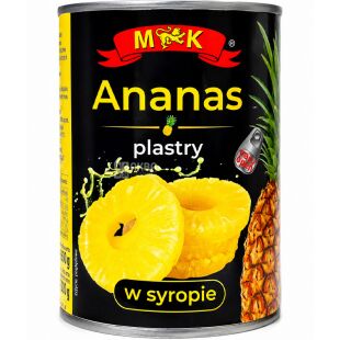 MK Ananas, 565 г, Ананас кольцами в сиропе, консервированный, ж/б