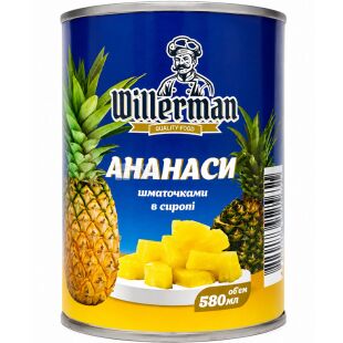 Willerman, 580 г, Ананасы кусочками в сиропе, Вилерман, ж/б