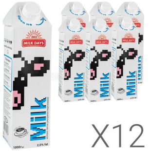 365 Milk days, Упаковка 12 шт. х 1 л, Молоко ультрапастеризованное 365 Милк Дейс, 2,5 %