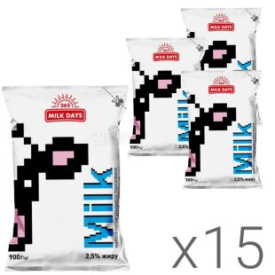 365 Milk days, Упаковка 15 шт. х 900 мл, Молоко ультрапастеризованное 365 Милк Дейс, 2,5 %