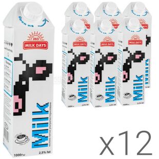 365 Milk days, Упаковка 12 шт. х 1 л, Молоко ультрапастеризованное 365 Милк Дейс, 2,5 %
