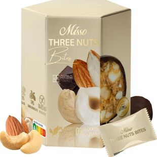 Misso Three Nuts Bites, 180 г, Цукерки Три горіхи в чорному шоколаді, без цукру, Міссо