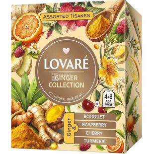 Lovare Tisanes Ginger Collection, 4 вида х 8 шт., Набор травяного чая с имбирным ассорти, Ловаре Коллекция имбиря