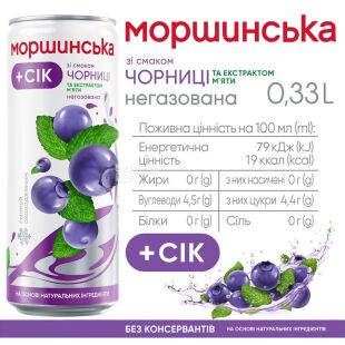 Моршинська, 330 мл, Напій соковмісний негазований зі смаком чорниці та екстрактом м'яти, безалкогольний, ж/б