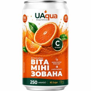 UAQUA, 250 мл, Вода витаминизированная со вкусом апельсина, слабогазированная, ЮАКВА БАД, ж/б 