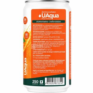 UAQUA, 250 мл, Вода вітамізована зі смаком апельсина, слабогазована, ЮАКВА БАД, ж/б 