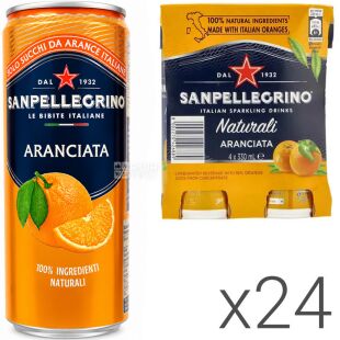 San Pellegrino Aranciata, Упаковка 24 шт. х 0,33 л, Напій газований соковмісний Апельсин Сан Пелегріно, ж/б