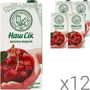 Наш сок, упаковка 12 шт. х 0,95 л, Нектар Вишневый натуральный