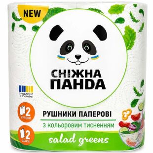 Снігова Панда, 2 рул., Рушники паперові, 2-шарові, білі, 12 м, 110 аркушів, 217х110 мм