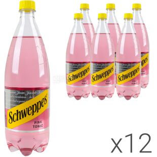 Schweppes Pink Tonic, Упаковка 12 шт. х 1 л, Напій сильногазований з фруктовим смаком Рожевий Тонік Швепс, ПЕТ