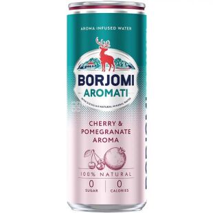 Borjomi Aromati, 0.33 л, Вода минеральная сильногазированная со вкусом Вишни и граната, Боржоми Аромати, ж/б