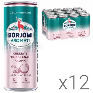 Borjomi Aromati, Упаковка 12 шт. х 0.33 л, Вода минеральная сильногазированная со вкусом Вишни и граната, Боржоми Аромати, ж/б