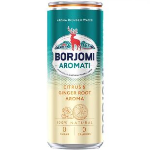 Borjomi Aromati, 0.33 л, Вода минеральная сильногазированная со вкусом Цитрусовых и имбиря, Боржоми Аромати, ж/б