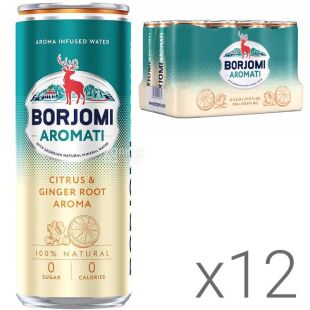 Borjomi Aromati, Упаковка 12 шт. х 0.33 л, Вода минеральная сильногазированная со вкусом Цитрусовых и имбиря, Боржоми Аромати, ж