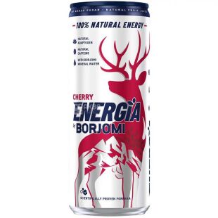 Borjomi Energia, 0.24 л, Напиток энергетический со вкусом Вишни, сильногазированный, Боржоми Энергия, ж/б