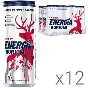 Borjomi Energia, Упаковка 12 шт. х 0.24 л Напиток энергетический со вкусом Вишни, сильногазированный, Боржоми Энергия ж/б