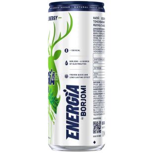 Borjomi Energia, 0.24 л, Напиток энергетический со вкусом Яблоки и фейхоа, сильногазированный, Боржоми Энергия, ж/б