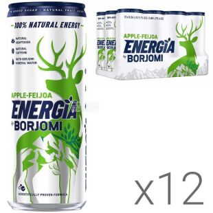 Borjomi Energia, Упаковка 12 шт. х 0.24 л Напиток энергетический со вкусом Яблоки и фейхоа, сильногазированный, Боржоми Энергия,