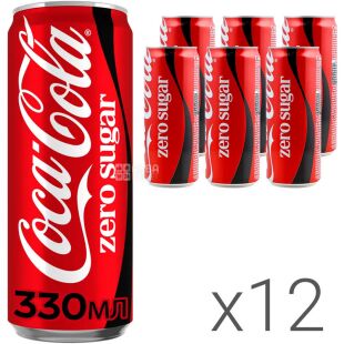 Coca-Cola Zero, Упаковка 12 шт. х 0,33 л, Напиток газированный Кока-Кола, без сахара, ж/б