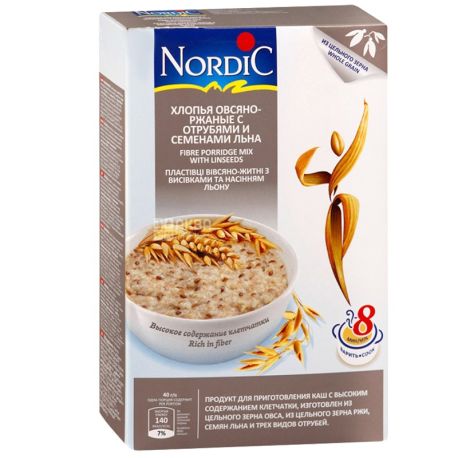 Nordic, 0,6 кг, Хлопья Нордик, овсяно-ржаные, с отрубями и семенами льна