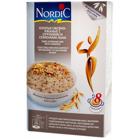 Nordic, 0,6 кг, Хлопья Нордик, овсяно-ржаные, с отрубями и семенами льна