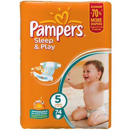Pampers Sleep & Play, 74 шт., Памперс, Підгузки-трусики, Розмір 5, 11-25 кг