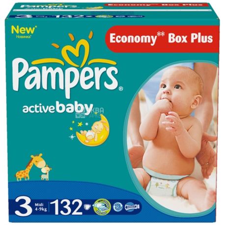 Pampers Active Baby Dry, 132 шт., Памперс, Подгузники-трусики, Размер 3, 4-9 кг