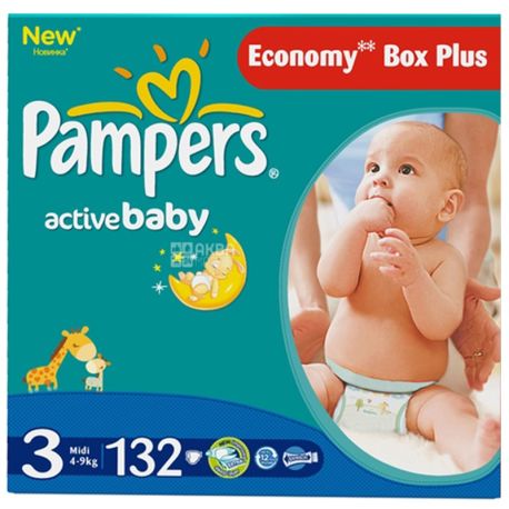 Pampers Active Baby Dry, 132 шт., Памперс, Подгузники-трусики, Размер 3, 4-9 кг
