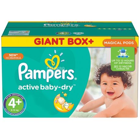 Pampers Active Baby Dry Maxi Plus, 106 шт., Памперс, Підгузки-трусики, Розмір 4+, 9-16 кг