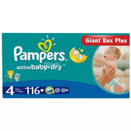 Pampers Active Baby Dry, 116 шт., Памперс, Подгузники-трусики, Размер 4, 7-14 кг