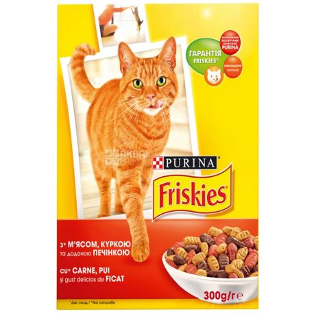 Friskies, 300 г, корм, для котов, с мясом, курицей и печенью, сухой, Adult