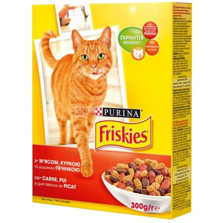 Friskies, 300 г, корм, для котів, з м'ясом, куркою та печінкою, сухий, Adult