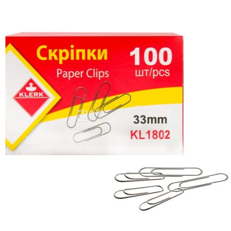 Klerk, 100 шт., 33 мм, скрепки канцелярские, Никелевые, м/у