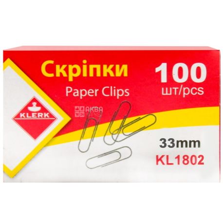 Klerk, 100 шт., 33 мм, скрепки канцелярские, Никелевые, м/у