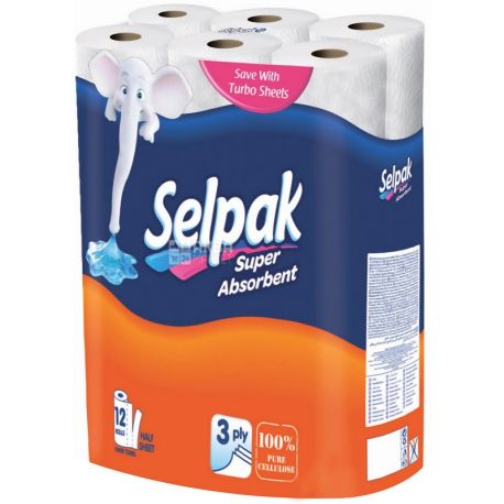 Selpak, Super Absorbent, 12 рул., Паперові рушники Селпак Супер Абсорбент, 3-х шарові, 90 аркушів, 33х22 см