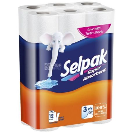 Selpak, Super Absorbent, 12 рул., Паперові рушники Селпак Супер Абсорбент, 3-х шарові, 90 аркушів, 33х22 см