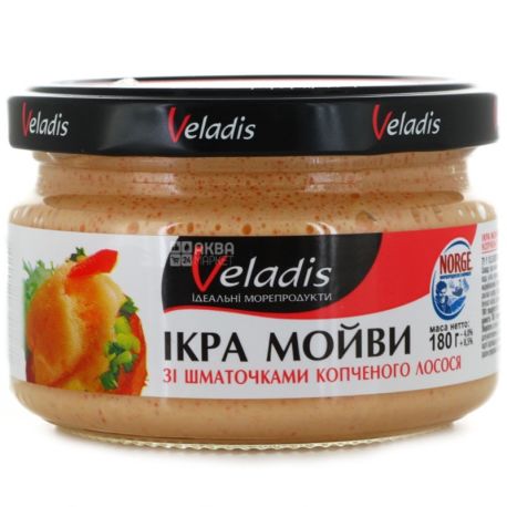 Veladis, 180 г, икра мойвы, с кусочками копченого лосося